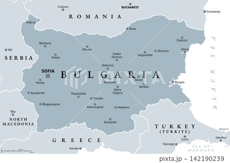 Bulgaria, gray political map with capital Sofia, and the largest cities. Republic of Bulgaria, a country in Southeastern Europe, west of the Black Sea, and a part of the Balkans. Illustration. Vector Bulgaria, gray political map with capital Sofia, and the largest cities. Republic of Bulgaria, a country in Southeastern Europe, west of the Black Sea, and a part of the Balkans. Illustration. Vector 142190239