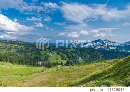 Mountainous landscape with cloudy sky. Scenic green hill mountain. Breathtaking summer day in wild mountain with green slopes. Mountain landscape with meadow. Travel destination 142190364