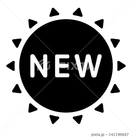 「NEW」のイラストマーク　太陽の形　モノクロ　白文字　背景透過　 142190687