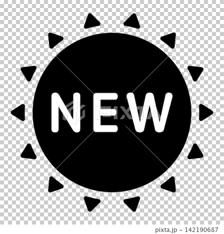 「NEW」のイラストマーク　太陽の形　モノクロ　白文字　背景透過　 142190687