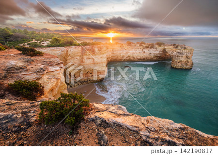 Arco de Albandeira sunrise Praia de Albandeira beach ocean Algarve Portugal 142190817