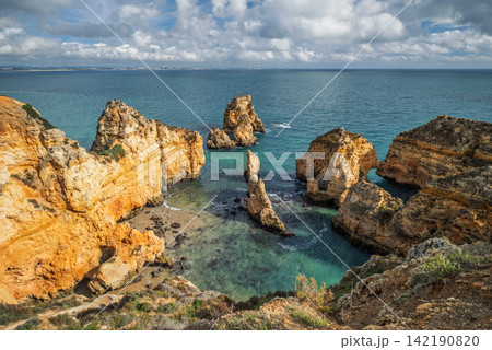 Top view of gorgeous Ponte da Piedade sea stacks and cliffs in Lagos, Algar 030 142190820