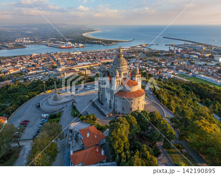 Santa Luzia Sanctuary aerial sunset panorama in Viana do Castelo, Portugal. 142190895