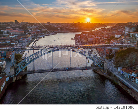 Drone View of Dom Luis I Bridge over Porto at sunset Drone View of Dom Luis I Bridge over Porto at sunset 142191096
