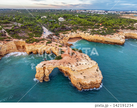 Drone View of Arco de Albandeira Above Coastal Footpaths Drone View of Arco de Albandeira Above Coastal Footpaths 142191234
