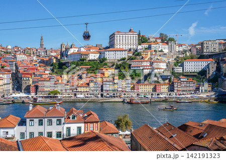 Teleferico de Gaia cable car with Douro boats above the river scene 142191323