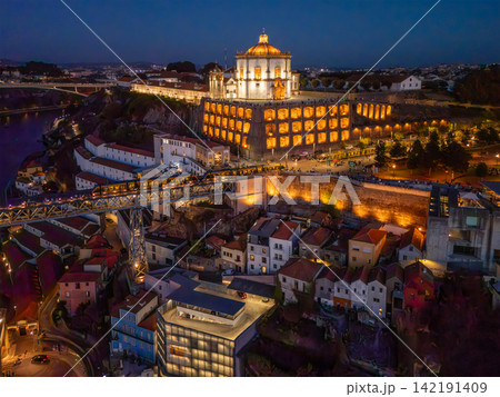 Evening Drone View of Serra do Pilar monastery with tram Evening Drone View of Serra do Pilar monastery with tram 142191409