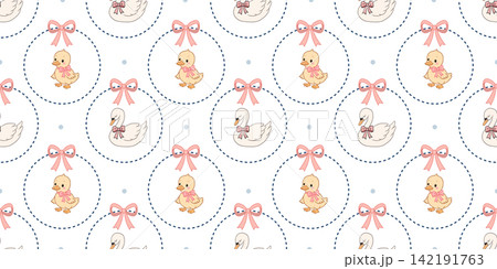 Pastel baby seamless pattern with cute swans ducklings bows blue circles Pastel baby seamless pattern with cute swans ducklings bows blue circles 142191763