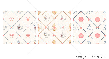 Pastel hand drawn diamond pattern set with swans ducklings bows sewing Pastel hand drawn diamond pattern set with swans ducklings bows sewing 142191766