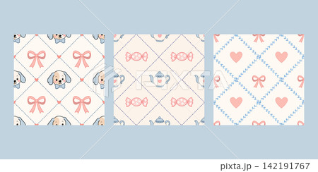 Cute pastel cartoon diamond pattern set with puppy candy hearts bows Cute pastel cartoon diamond pattern set with puppy candy hearts bows 142191767