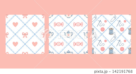 Delicate pastel hand drawn lattice pattern set with hearts candy sewing 142191768