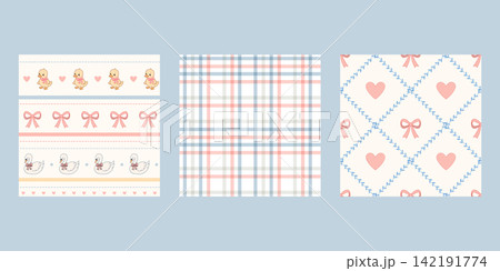 Soft pastel cartoon baby pattern set with ducklings swans plaid hearts 142191774