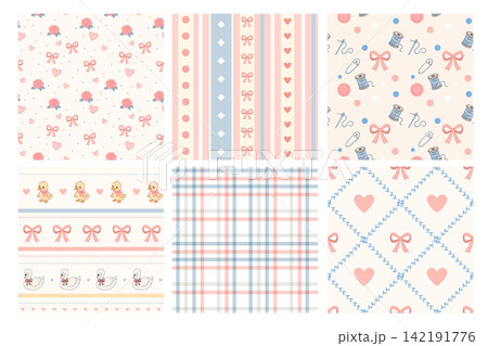 Coquette pastel cartoon pattern set combines bows roses sewing and plaid with animals hearts ribbons buttons thread and botanical diamonds Coquette pastel cartoon pattern set combines bows roses sewing and plaid with animals hearts ribbons buttons thread and botanical diamonds 142191776