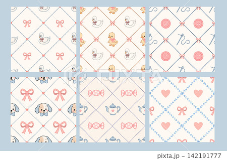 Cute hand drawn pastel diamond pattern set with baby animals and bows Cute hand drawn pastel diamond pattern set with baby animals and bows 142191777