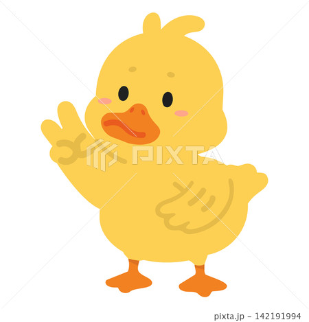 Yellow duckling bird making peace sign gesture 142191994