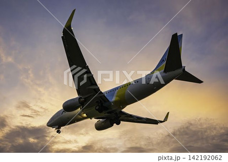夕暮れの仙台空港 着陸中の飛行機 27から 宮城県名取市 夕暮れの仙台空港 着陸中の飛行機 27から 宮城県名取市 142192062