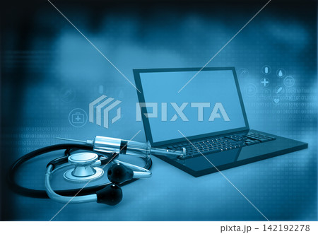 Laptop with stethoscope and syringe Laptop with stethoscope and syringe 142192278