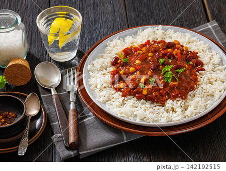 Rajma Masala served with Rice on a plate Rajma Masala served with Rice on a plate 142192515