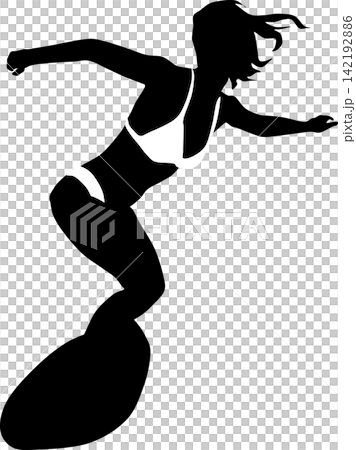 Silhouette illustration of a woman surfing on rough waves 142192886