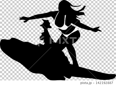 Silhouette illustration of a woman surfing on rough waves Silhouette illustration of a woman surfing on rough waves 142192887
