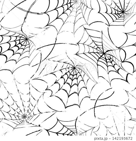 Halloween seamless pattern with stretched torn spider web in grunge style. Rough outline illustration in grunge style. Black contour design element on transparent background Halloween seamless pattern with stretched torn spider web in grunge style. Rough outline illustration in grunge style. Black contour design element on transparent background 142193672