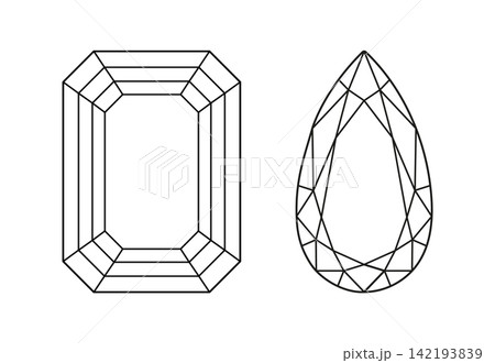 Diamond Emerald, Pear cut shapes. Design diagrams. Set of Pear, Emerald brilliant cuts minimal icons. Gemstone outline flat patterns for jewellery design, branding, packaging, logotype. 142193839