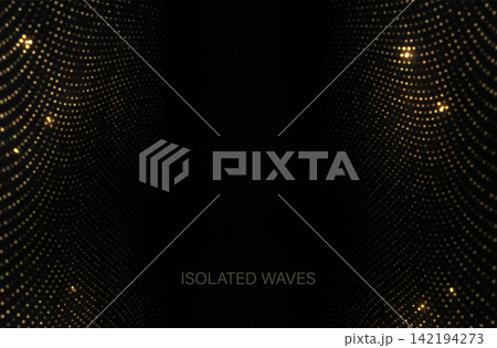 Isolated gold wavy pattern with bright glitter on a black background 142194273
