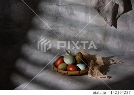 Farm blue, green and brown chicken eggs Farm blue, green and brown chicken eggs 142194287