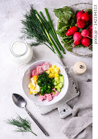 Okroshka, traditional summer cold soup Okroshka, traditional summer cold soup 142194313
