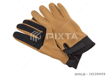 Pair of tan tactical gloves isolated on white background. Military coyote full finger gloves with anti slip palm Pair of tan tactical gloves isolated on white background. Military coyote full finger gloves with anti slip palm 142194459