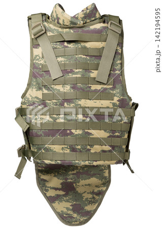 Camouflage tactical bulletproof vest back view isolated on white background. Military body armor carrier with molle webbing 142194595