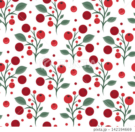 Seamless vector pattern with red berries on white background. Decorative autumn texture with rowan berries and foliage Seamless vector pattern with red berries on white background. Decorative autumn texture with rowan berries and foliage 142194669