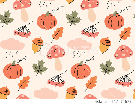 Vector fall seamless pattern in a naive drawing style. Autumn texture with mushroom, pumpkin, berries 142194673
