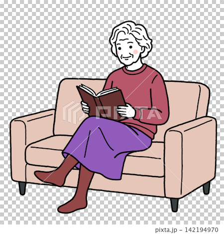 ソファで読書する高齢女性 ソファで読書する高齢女性 142194970
