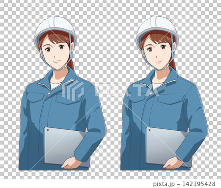 一位棕髮女子,身穿藍色工作服,頭戴白色安全帽,手持平板電腦。 一位棕髮女子,身穿藍色工作服,頭戴白色安全帽,手持平板電腦。 142195428