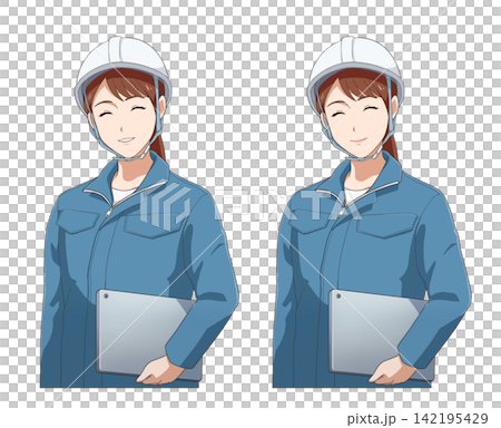 タブレットを持ち白いヘルメットをかぶった青い作業着を着た茶髪の女性 142195429
