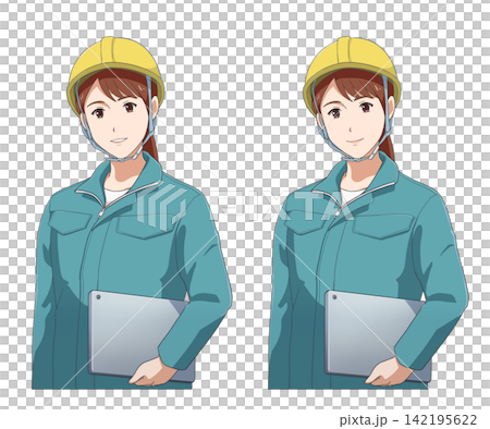 タブレットを持ち黄色のヘルメットをかぶった緑色の作業着を着た茶髪の女性 タブレットを持ち黄色のヘルメットをかぶった緑色の作業着を着た茶髪の女性 142195622