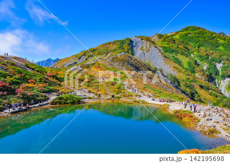 秋の快晴の朝 唐松岳の八方池の水鏡と唐松岳方向の山肌と登山客と遠方の鹿島槍ヶ岳 秋の快晴の朝 唐松岳の八方池の水鏡と唐松岳方向の山肌と登山客と遠方の鹿島槍ヶ岳 142195698
