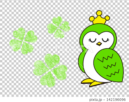 A light green clover and an owl wearing a crown are dozing off. 142196096