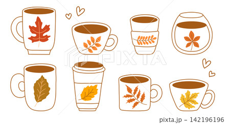 Set of autumn hot drinks, hand drawn illustrations 142196196