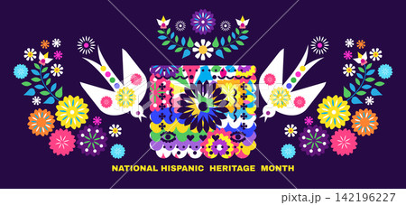 National Hispanic heritage month greeting card with  papel picado, guitar Hispanic and Latino Americans culture, event Celebrate annual  in United States Vector illustration template background 142196227