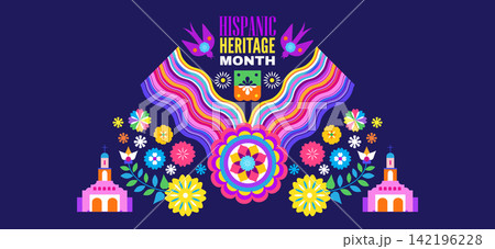 National Hispanic heritage month greeting card with  papel picado, guitar Hispanic and Latino Americans culture, event Celebrate annual  in United States Vector illustration template background 142196228