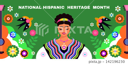 National Hispanic heritage month greeting card with papel picado, guitar Hispanic and Latino Americans culture, event Celebrate annual in United States Vector illustration template background National Hispanic heritage month greeting card with papel picado, guitar Hispanic and Latino Americans culture, event Celebrate annual in United States Vector illustration template background 142196230