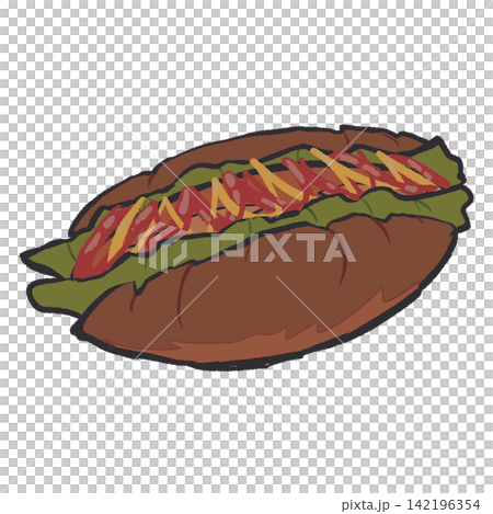 Cartoon-style hot dog illustration / Transparent PNG / Pop-style food image 142196354