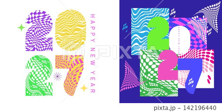 Creative concept of 2027 Happy New Year Design swirl, twirl pattern funky templates with typography Minimalistic psychedelic vector icon backgrounds for branding, banner, calendar, social media, card Creative concept of 2027 Happy New Year Design swirl, twirl pattern funky templates with typography Minimalistic psychedelic vector icon backgrounds for branding, banner, calendar, social media, card 142196440