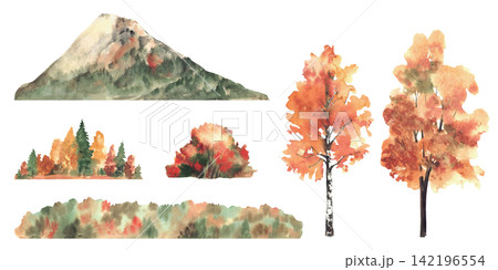 Autumn landscape watercolor set with alpine mountain, deciduous trees, conifers and forest strips, hand painted colorful illustration isolated on white background for seasonal card, banner designs 142196554