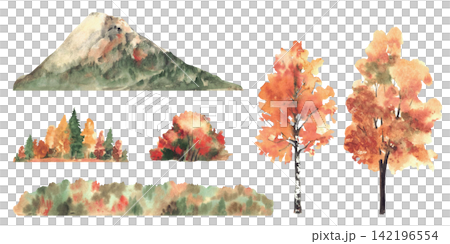 Autumn landscape watercolor set with alpine mountain, deciduous trees, conifers and forest strips, hand painted colorful illustration isolated on white background for seasonal card, banner designs 142196554