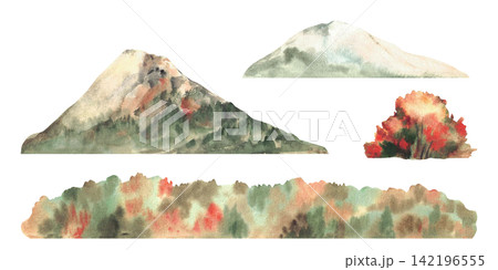 Autumn landscape watercolor set with alpine mountain, deciduous bush, trees, fall colorful forest strips, hand painted illustration isolated on white background for seasonal card, banner print design. Autumn landscape watercolor set with alpine mountain, deciduous bush, trees, fall colorful forest strips, hand painted illustration isolated on white background for seasonal card, banner print design. 142196555