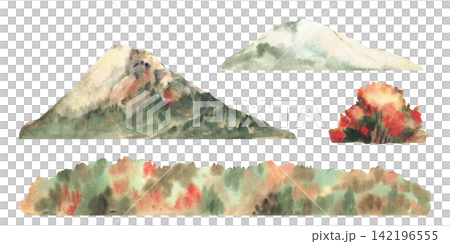 Autumn landscape watercolor set with alpine mountain, deciduous bush, trees, fall colorful forest strips, hand painted illustration isolated on white background for seasonal card, banner print design. Autumn landscape watercolor set with alpine mountain, deciduous bush, trees, fall colorful forest strips, hand painted illustration isolated on white background for seasonal card, banner print design. 142196555
