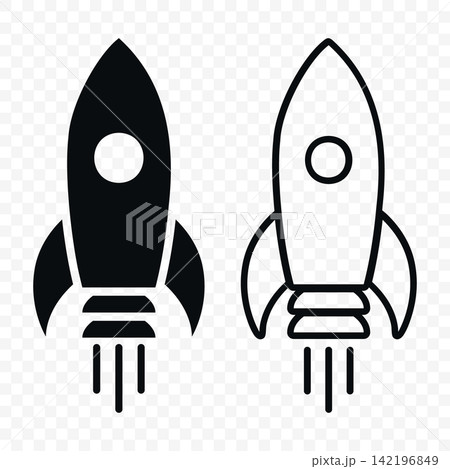 Rocket Icon Set, Vector Illustration. Black Silhouette and Outline Space Rockets. Startup Launch Symbol, Spacecraft, Spaceship. Business Growth, Innovation, Project Launch, Technology Concept 142196849